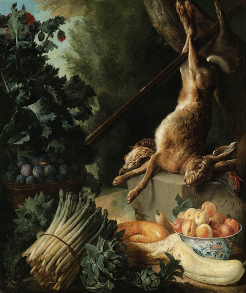 A hunting still life with a dead hare and game birds on a stone plinth with asparagus, artichokes, a cucumber and a pear, a basket of plums and bowl of peaches by Alexandre-François Desportes