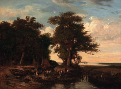 Artwork by John Berney Crome, Fishermen on the bank of a river in a wooded landscape, Made of oil on canvas