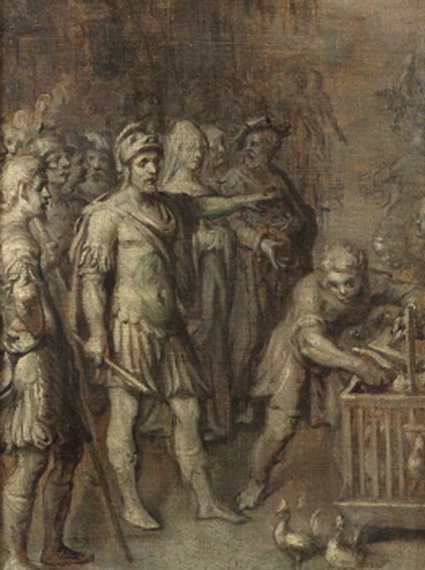 Julius Ceasar consulting the oracle of the holy chickens - en grisaille by Otto van Veen