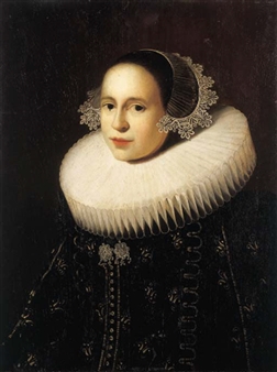 Portrait of Hendrickje Uylenburgh (1600-circa 1682), half length, wearing a gold embroidered black dress with molenkraag and lace bonnet - Willem Frederik Alfons Pothast