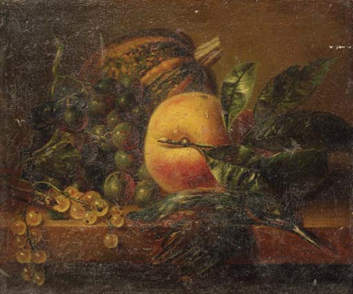 A still life with fruit and a kingfisher on a ledge by Adriana Johanna Haanen, 1855
