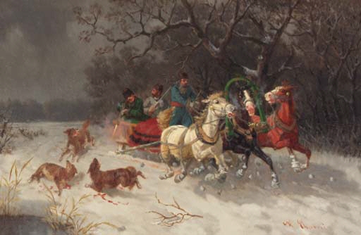 Dimitri Semakov | Three men in a troika chased by wolves | MutualArt