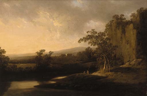 An extensive river landscape with anglers in the foreground and houses beyond by Joseph Wright of Derby