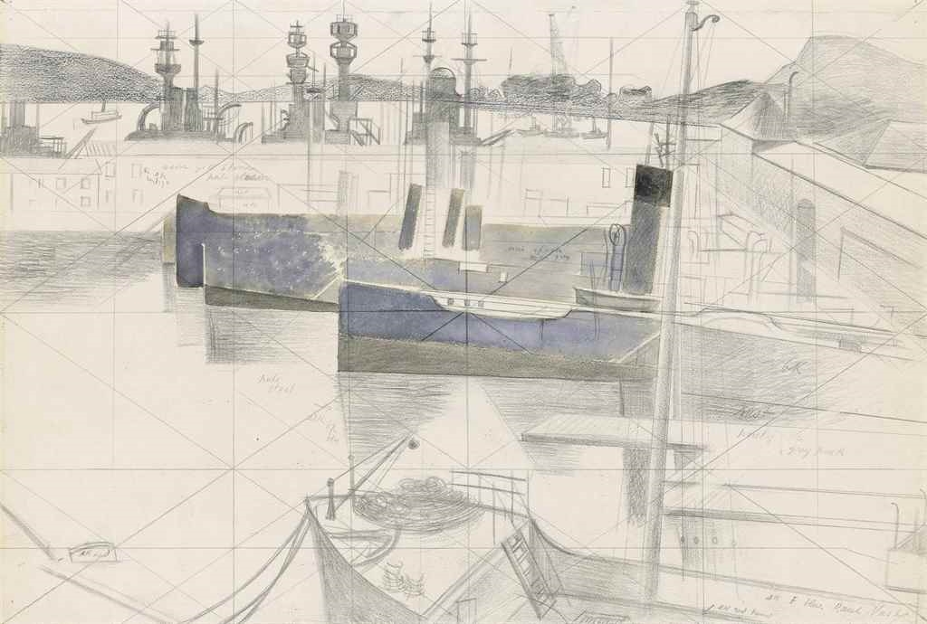 Artwork by Paul Nash, Toulon Harbour, Made of pencil, crayon and watercolour, squared for transfer