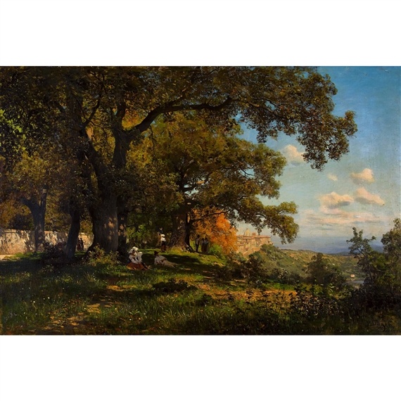 Schattiger Park mit Blick auf Castel Gandolfo bei Rom by Paul Franz Flickel, 1884
