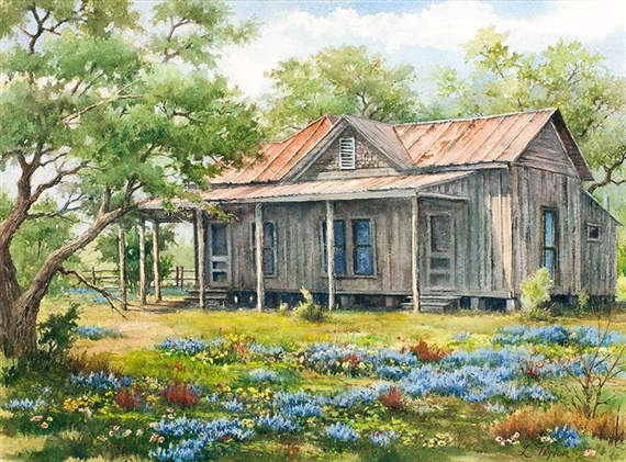 A rustic wooden house sits on a porch surrounded by wildflowers and trees under a bright sky.