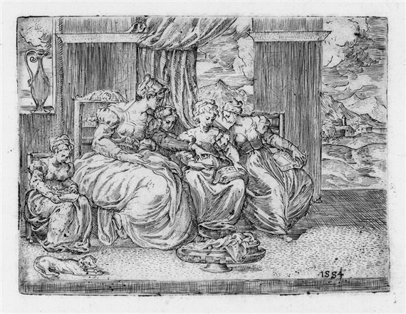 Eine Gruppe von Frauen in einem Interieur bei der Handarbeit by Battista dell'Angelo del Moro, 1554