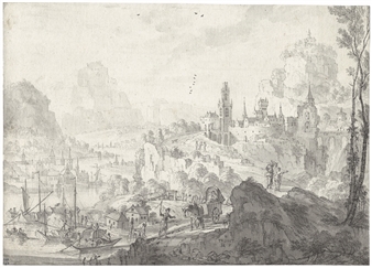 Phantastische Rheinlandschaft mit einer Stadt und einem Flusshafen - Willem Troost I