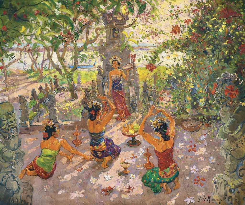 Artwork by Adrien Jean Le Mayeur de Merprés, WOMEN WITH OFFERINGS, Made of oil on canvas in the original hand-carved Balinese frame