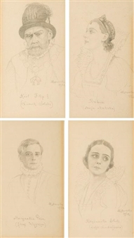 A four-panel sketchbook page featuring pencil portraits of four individuals in formal attire.