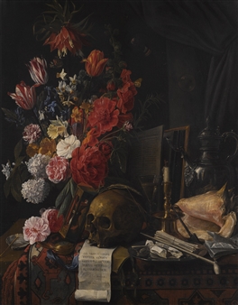 VANITAS STILL LIFE WITH FLOWERS, A SKULL, HOURGLASS, CONCH SHELL AND SILVER JUG ON A PARTIALLY DRAPED TABLE - Nicolaes van Veerendael