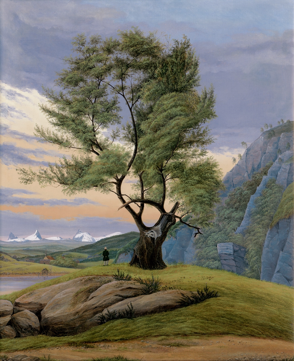 Symbolische Landschaft im Abendlicht mit Baum und Wanderer by Eduard von Buchan