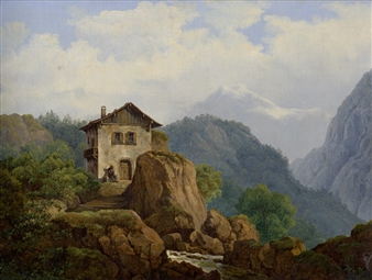 Alpenländlische Landschaft mit kleiner Berghütte - Franz Thiel