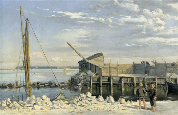 Steintransport und zwei Jungen im Kopenhagener Hafen by Emil Carl Lund, 1879