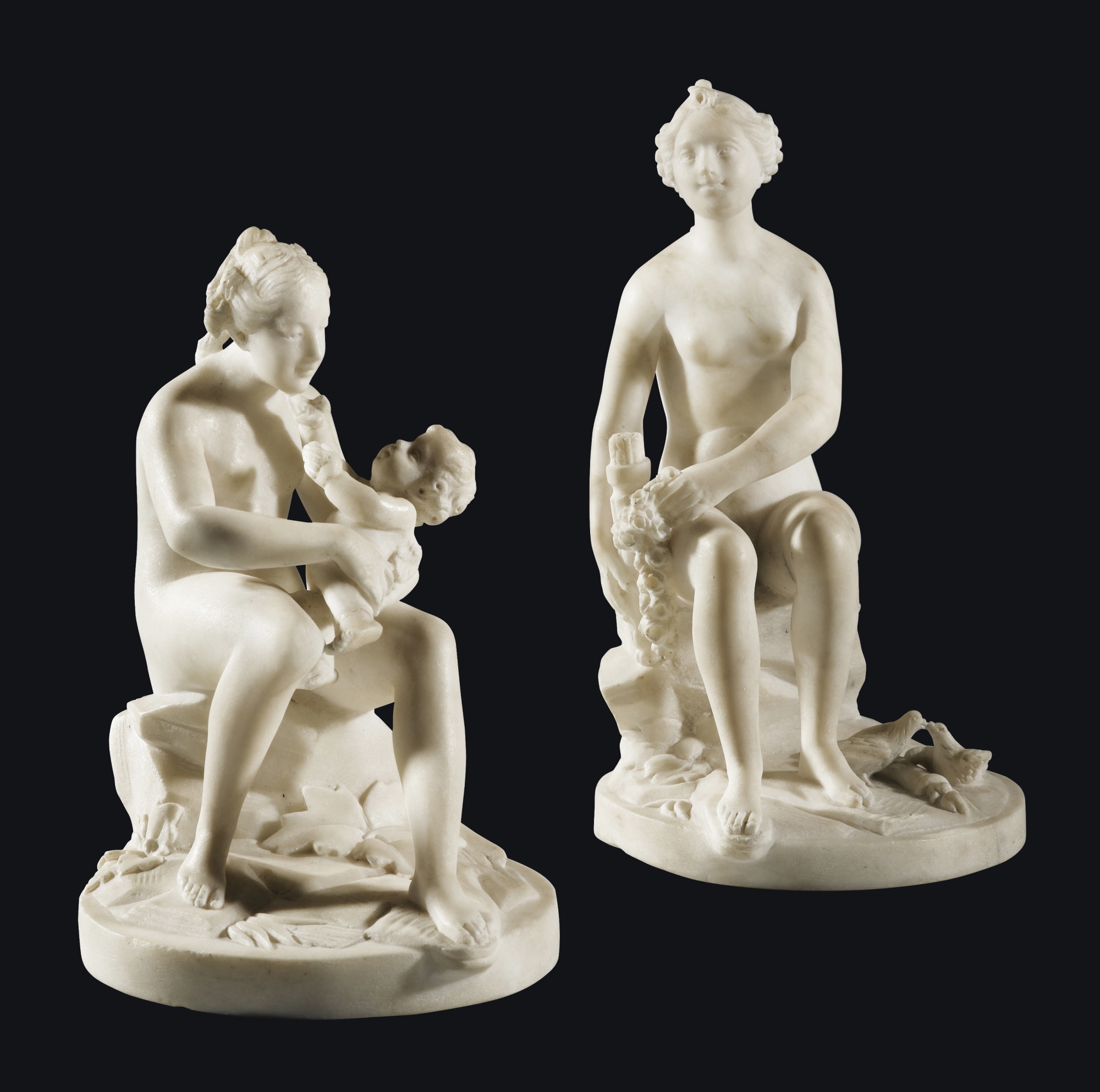 Artwork by Jean Baptiste Ignace Broche, 2 works: Groups of Venus Playing with Cupid and Diana, Made of paire de statuettes en marbre blanc