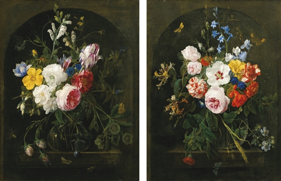 2 works: Still life with flowers in a crystal vase by Nicolaes van Veerendael