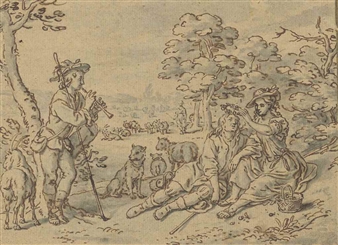A shepherdess garlanding her swain, a young man playing a pipe - Francis Barlow