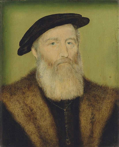Portrait of a nobleman, bust-length, in a black fur-lined coat and black hat by Corneille de Lyon