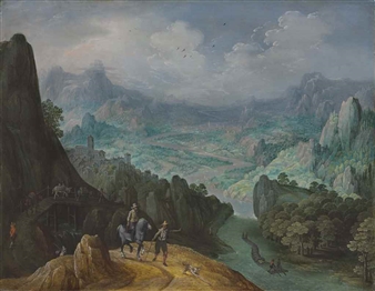A mountainous river landscape with travellers on a path - Tobias Verhaecht