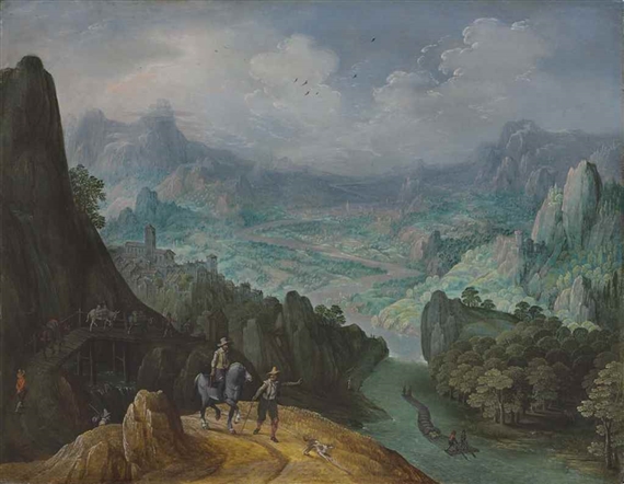 A mountainous river landscape with travellers on a path by Tobias Verhaecht