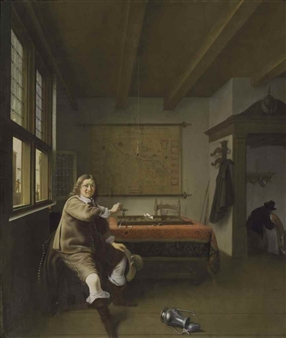 An interior with a gentleman holding a glass, an amorous couple beyond - Isaac Koedijck