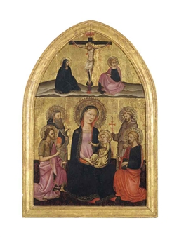 The Madonna and Child enthroned with Saints Francis of Assisi, James the Great, John the Baptist and Anthony Abbot, with The Crucifixion above - Ventura di Moro