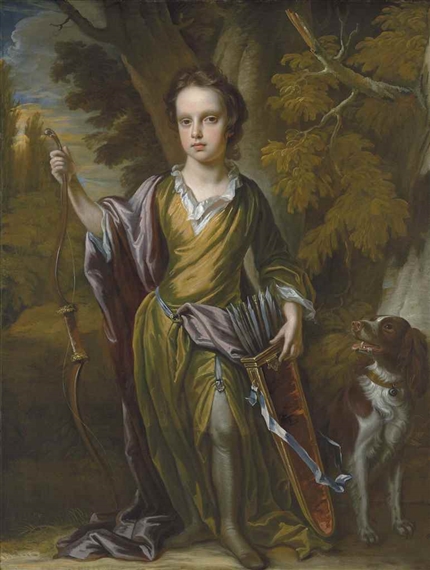 Portrait of David Papillon (1691-1762), full-length, with a bow and arrows and his dog, in a landscape by John Closterman