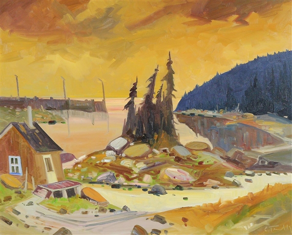 QUEBEC LANDSCAPE, COTTAGE BY THE WATER by Louis Tremblay