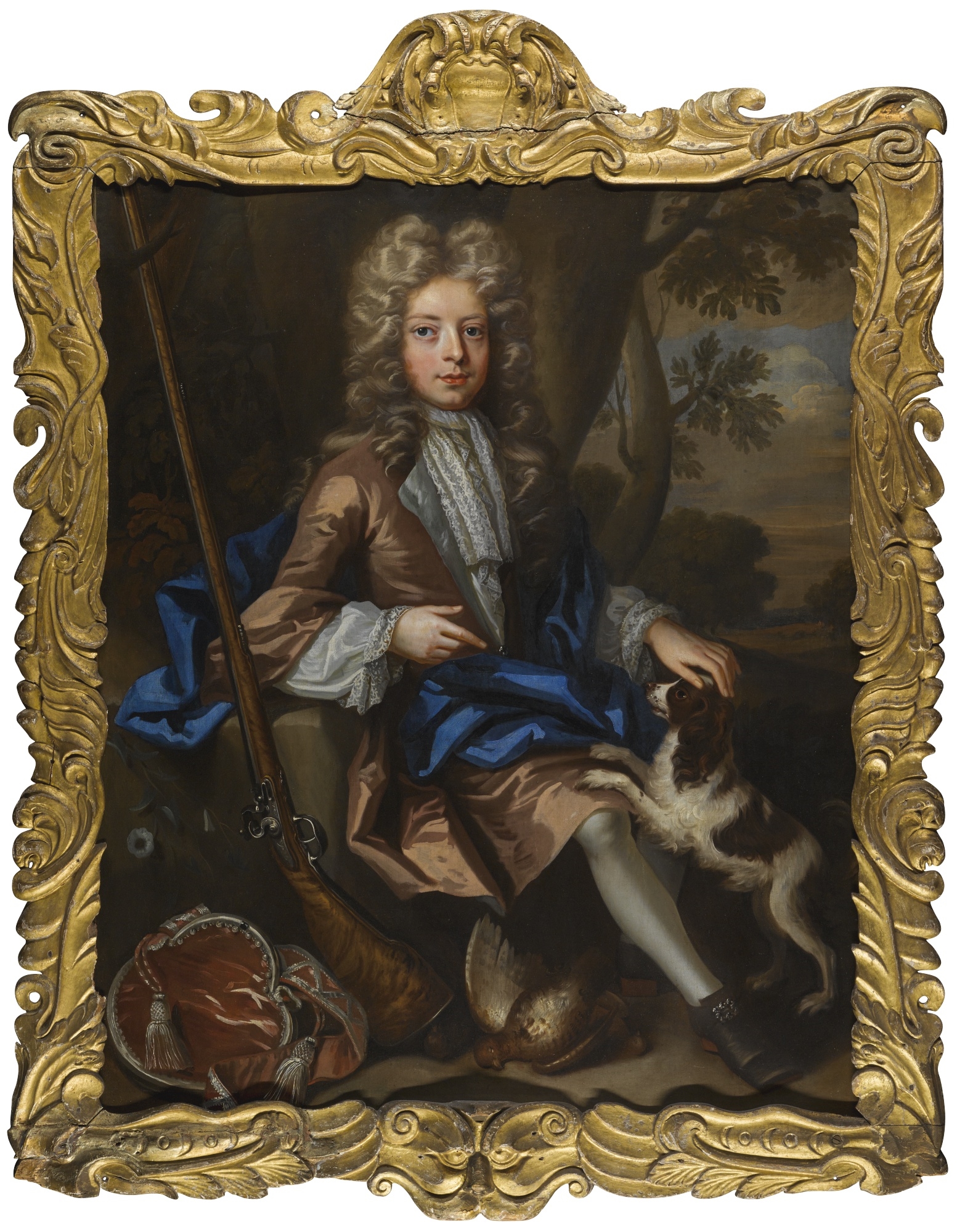 Artwork by John Closterman, PORTRAIT OF A BOY SEATED IN A LANDSCAPE, WITH A SPANIEL AND A FLINTLOCK, Made of oil on canvas