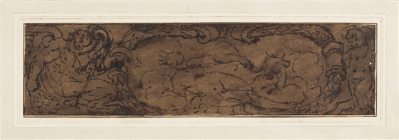 Studio per un fregio con satiro, un putto e figura femminile con toro entro cartiglio by Italian School, 16th Century