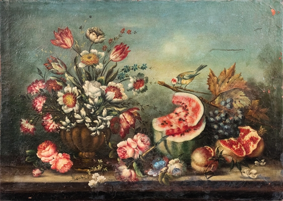 Art Print Café Quadro Su Tela 50x50 Cm - Natura Morta Con Frutta E Aragosta Di Abraham Mignon - Stampa Fine Art Made In Italy