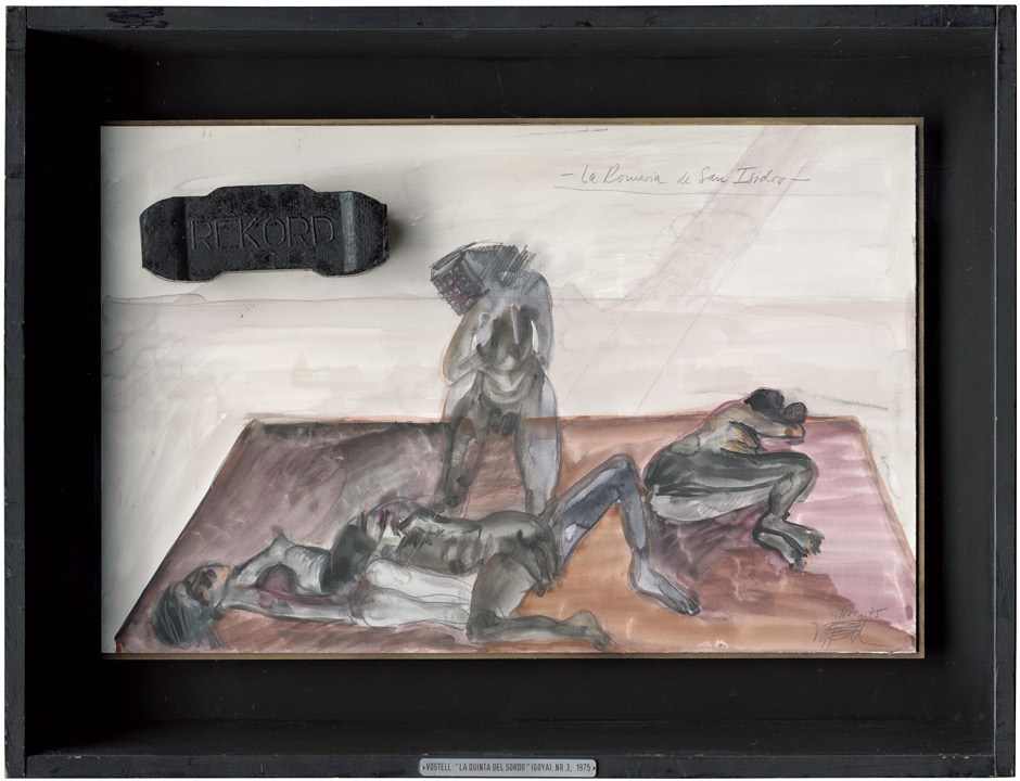Artwork by Wolf Vostell, La Quinta del Sordo (Goya) Nr. 3 - La Romeria de San Isidro, Made of watercolor and chalk over pencil, briquette of coal on cardboard, in display box