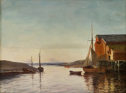 Fiskevær i ettermiddagslys by Even Ulving, 1888