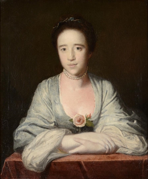 Young woman leaning on a ledge, half-length wearing a blue dress with a pink rose pinned to her décolletage by Sir Joshua Reynolds
