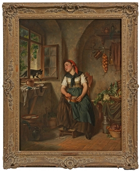 Schlafendes Mädchen in einem Kücheninterieur mit diebischer Katze - Friedrich Wolf