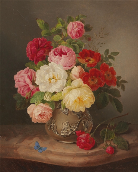 Josef Lauer | Still Life with Roses in a Vase and a Blue Butterfly ...