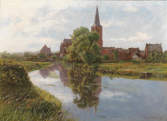 River Landscape with Church by Eduard Spoerer