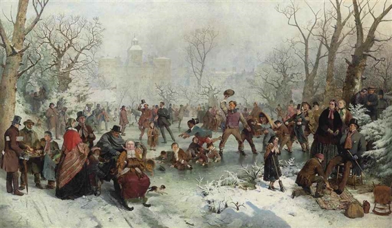 A bustling winter scene filled with people ice skating and socializing in a snowy landscape.