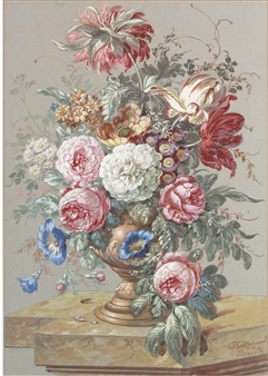 Still lives of tulips, peonies and other mixed flowers in an urn on a ledge - J. E. Hodges