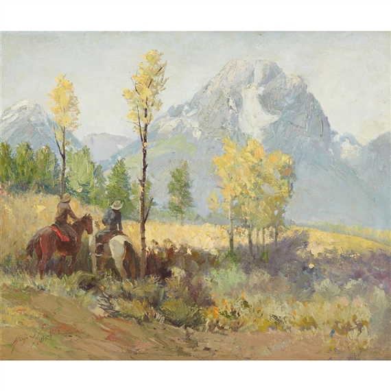 COWBOYS IN A MOUNTAIN LANDSCAPE by Raphael Lillywhite, 1949