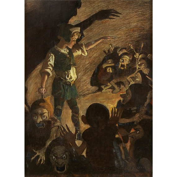 THE GOBLINS FELL BACK A LITTLE WHEN HE BEGAN, AND MADE HORRIBLE GRIMACES ALL THROUGH THE RHYME by Jessie Willcox Smith