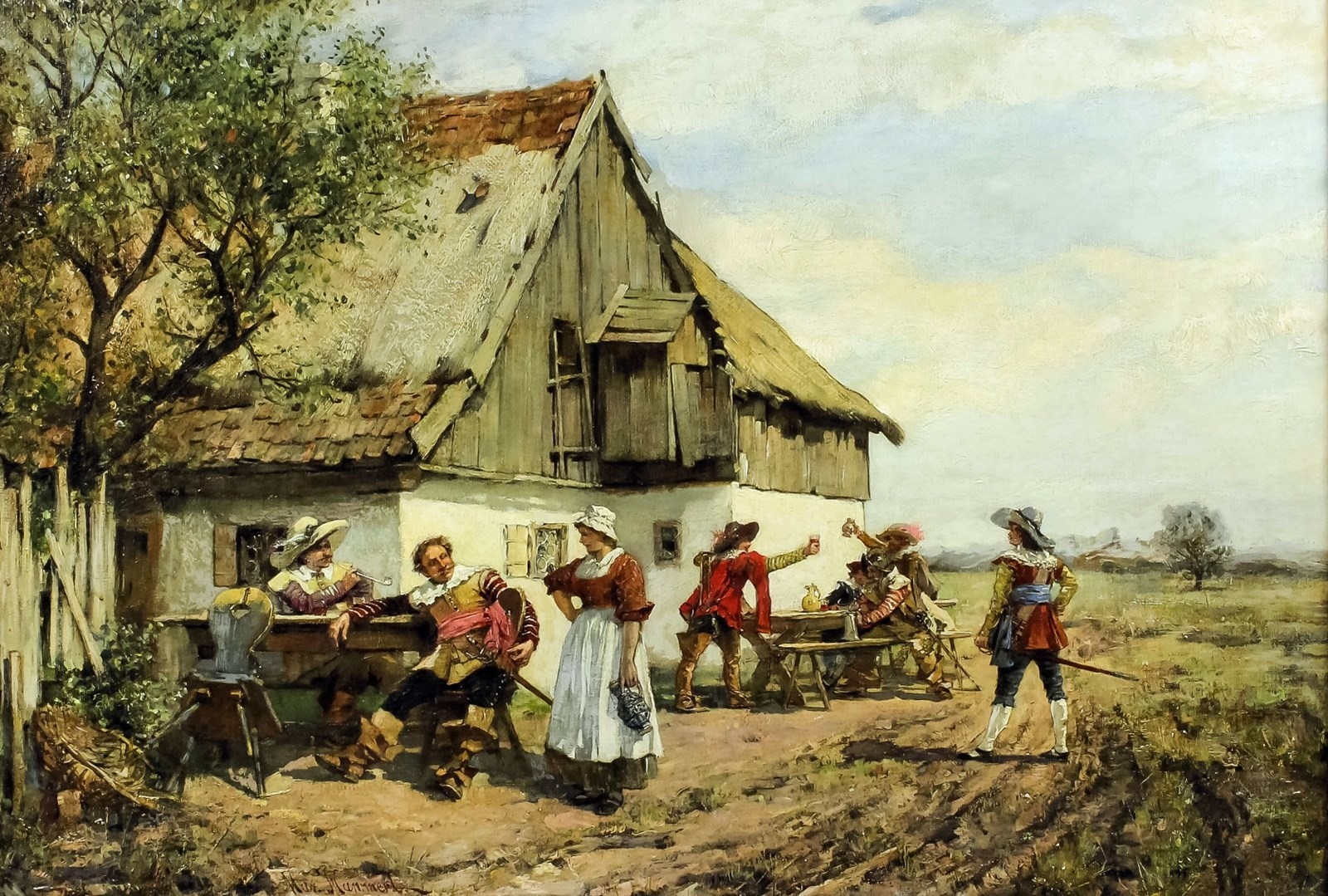 Artwork by Max Hammerl, Group of men in 17th Century Cavalier  dress outside an Inn, Made of Oil painting