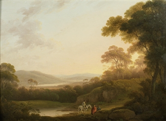 An Italianate landscape with figures on a path; and An extensive Italianate landscape with a drover - John Rathbone