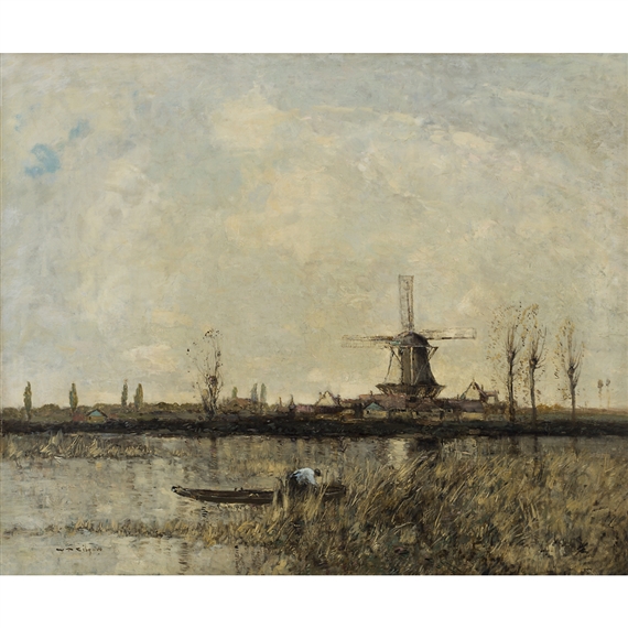 A DUTCH RIVER LANDSCAPE WITH A FIGURE IN A PUNT by William Alfred Gibson