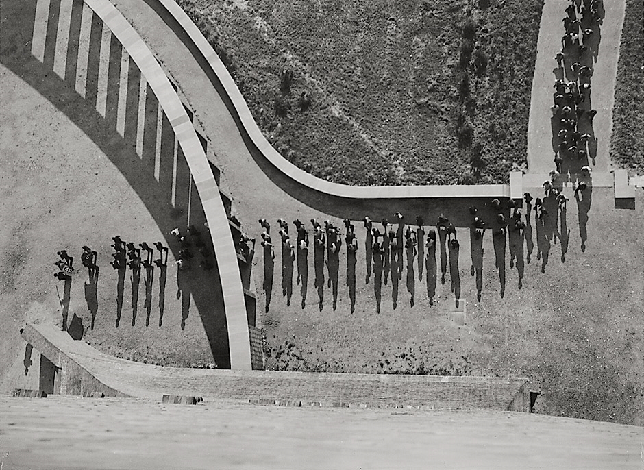 Artwork by Alexander Stöcker, Walking crowd with shadows, taken from above (Deutsches Stadion, Berlin), Made of vintage ferrotyped gelatin silver print on strong chamois paper