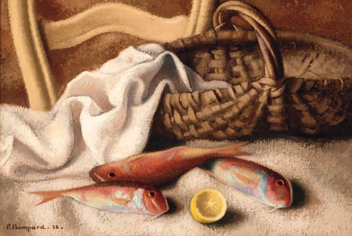A still life of fish and a lemon before a basket by Pierre Bompard