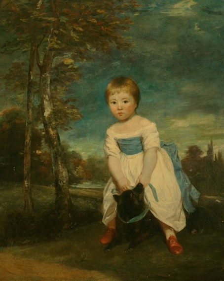 Portrait of Master William Cavendish, standing astride a black dog, in a landscape by Sir Joshua Reynolds