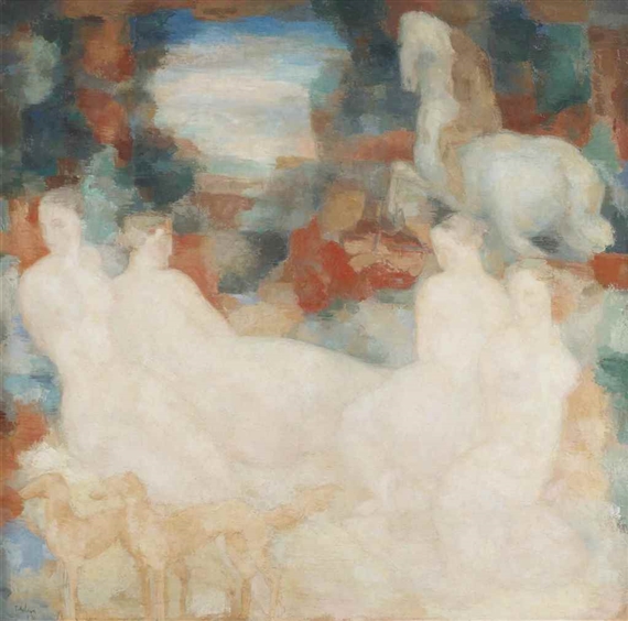Four nudes, a violin player and horses by Toon Kelder, 1932