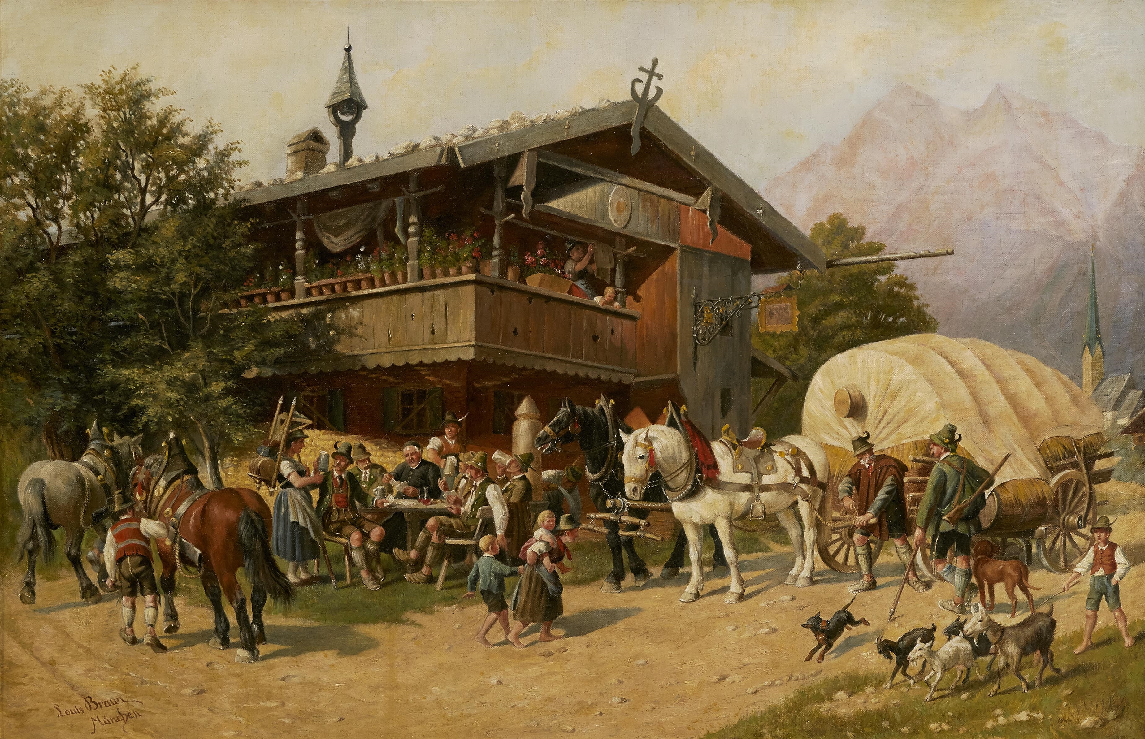 Artwork by Louis Braun, Vor einem oberbayerischen Dorfwirtshaus, Made of oil on canvas