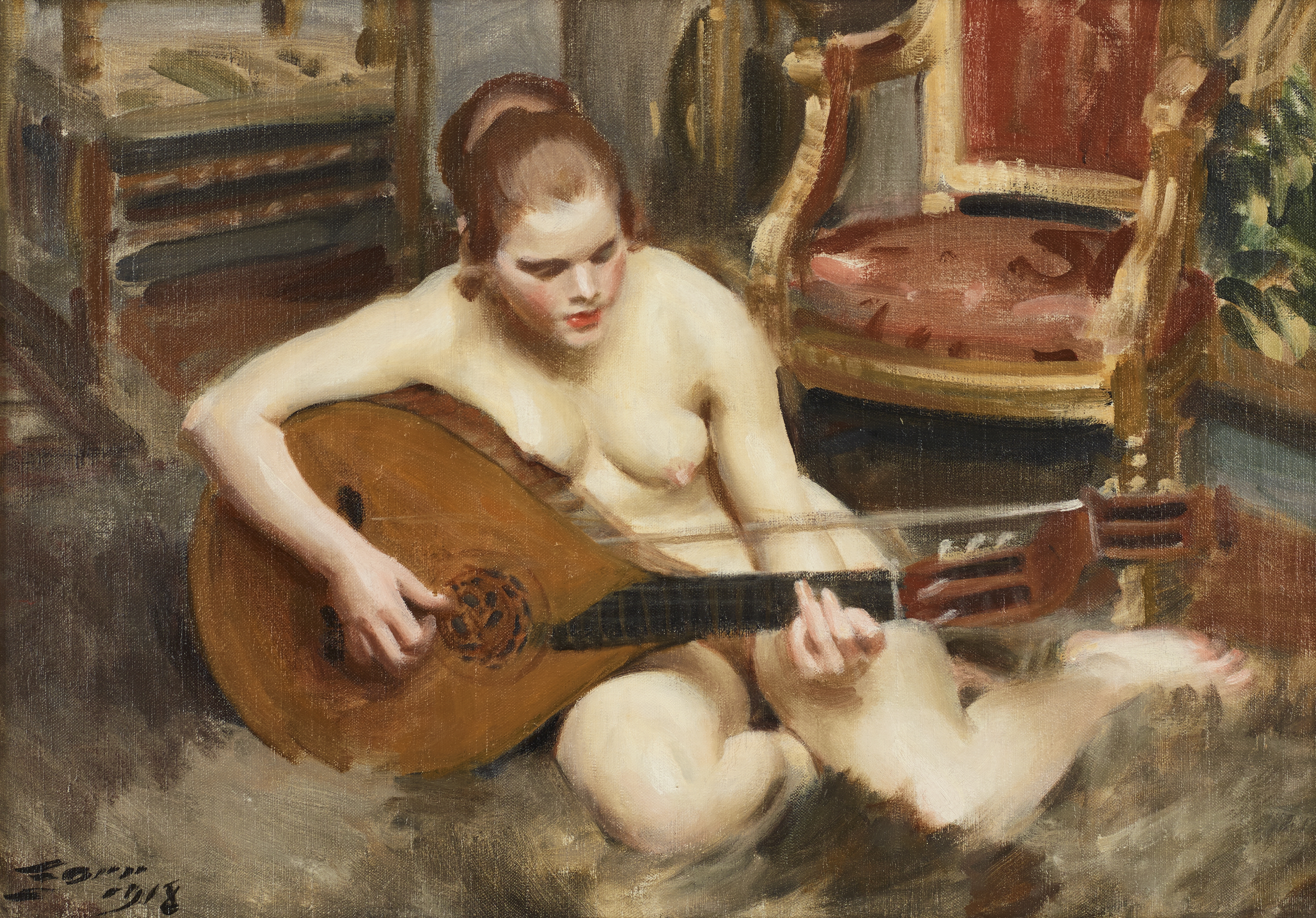 Artwork by Anders Zorn, Lutspelerska, Made of Oil on canvas